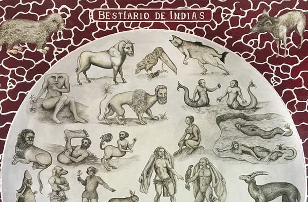 Bestiario de Indias I, 2020. Acrylic, gouache, silver on canvas. 187 x 187 cm