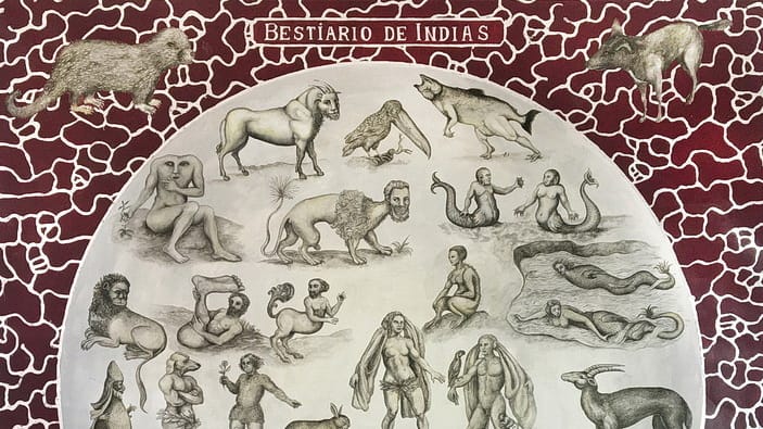 Bestiario de Indias I, 2020. Acrylic, gouache, silver on canvas. 187 x 187 cm